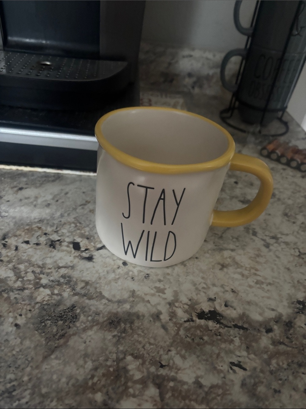 Rae Dunn White Mug with Yellow Rim and Handle - STAY WILD